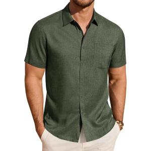 imageJVER Mens Linen Shirt Short Sleeve Button Down Shirts Lightweight Summer Beach Vacation Casual Tops with PocketOlive Green