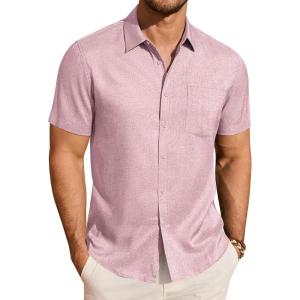 imageJVER Mens Linen Shirt Short Sleeve Button Down Shirts Lightweight Summer Beach Vacation Casual Tops with PocketPink