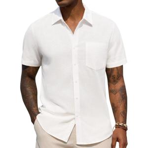imageJVER Mens Linen Shirt Short Sleeve Button Down Shirts Lightweight Summer Beach Vacation Casual Tops with PocketWhite