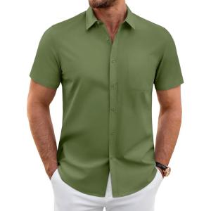 imageJVER Mens Short Sleeve Dress Shirts Wrinkle Free Casual Button Down Shirt Summer Stretch Formal Shirt with PocketArmy Green