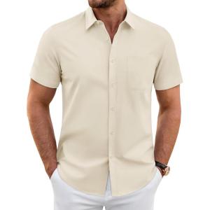 imageJVER Mens Short Sleeve Dress Shirts Wrinkle Free Casual Button Down Shirt Summer Stretch Formal Shirt with PocketBeige