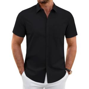 imageJVER Mens Short Sleeve Dress Shirts Wrinkle Free Casual Button Down Shirt Summer Stretch Formal Shirt with PocketBlack