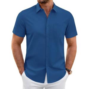imageJVER Mens Short Sleeve Dress Shirts Wrinkle Free Casual Button Down Shirt Summer Stretch Formal Shirt with PocketBlue