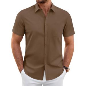 imageJVER Mens Short Sleeve Dress Shirts Wrinkle Free Casual Button Down Shirt Summer Stretch Formal Shirt with PocketBrown