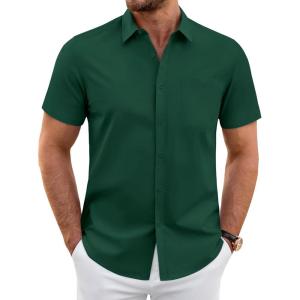 imageJVER Mens Short Sleeve Dress Shirts Wrinkle Free Casual Button Down Shirt Summer Stretch Formal Shirt with PocketGreen