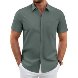 imageJVER Mens Short Sleeve Dress Shirts Wrinkle Free Casual Button Down Shirt Summer Stretch Formal Shirt with PocketGrey Green
