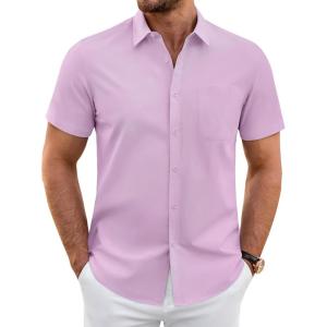 imageJVER Mens Short Sleeve Dress Shirts Wrinkle Free Casual Button Down Shirt Summer Stretch Formal Shirt with PocketLavender Purple
