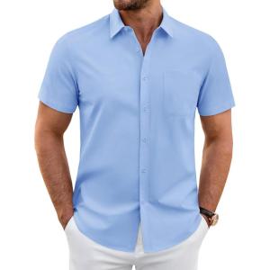imageJVER Mens Short Sleeve Dress Shirts Wrinkle Free Casual Button Down Shirt Summer Stretch Formal Shirt with PocketLight Blue