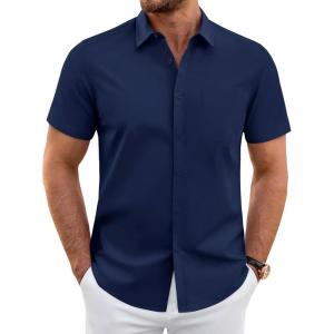 imageJVER Mens Short Sleeve Dress Shirts Wrinkle Free Casual Button Down Shirt Summer Stretch Formal Shirt with PocketNavy Blue