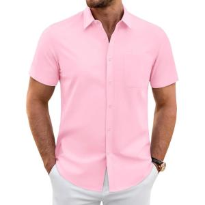 imageJVER Mens Short Sleeve Dress Shirts Wrinkle Free Casual Button Down Shirt Summer Stretch Formal Shirt with PocketPink