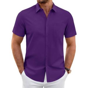 imageJVER Mens Short Sleeve Dress Shirts Wrinkle Free Casual Button Down Shirt Summer Stretch Formal Shirt with PocketPurple