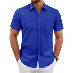 imageJVER Mens Short Sleeve Dress Shirts Wrinkle Free Casual Button Down Shirt Summer Stretch Formal Shirt with PocketRoyal Blue