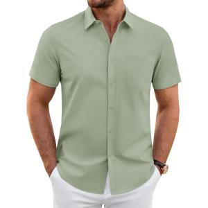 imageJVER Mens Short Sleeve Dress Shirts Wrinkle Free Casual Button Down Shirt Summer Stretch Formal Shirt with PocketSage Green