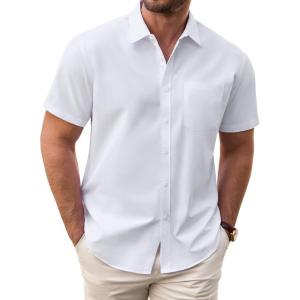 imageJVER Mens Short Sleeve Dress Shirts Wrinkle Free Casual Button Down Shirt Summer Stretch Formal Shirt with PocketWhite