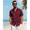 imageJVER Mens Linen Shirts Casual Short Sleeve Button Down Shirt Beach Vacation Cruise Summer Wedding Cotton TopsBurgundy