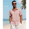 imageJVER Mens Linen Shirts Casual Short Sleeve Button Down Shirt Beach Vacation Cruise Summer Wedding Cotton TopsCoral