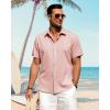 imageJVER Mens Linen Shirts Casual Short Sleeve Button Down Shirt Beach Vacation Cruise Summer Wedding Cotton TopsCoral