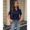 imageJVER Womens Button Down Shirts Stretch Wrinkle Free Formal Short Sleeve Dress Shirt Summer Work Blouses Business Casual TopsNavy Blue