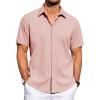 imageJVER Mens Linen Shirts Casual Short Sleeve Button Down Shirt Beach Vacation Cruise Summer Wedding Cotton TopsCoral