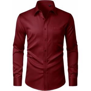 imageJVER Mens Dress Shirts Stretch Stain Shield Button Down Shirt Solid Formal Business Casual Long Sleeve Shirt with PocketBurgundy