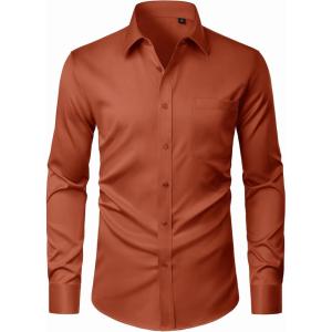 imageJVER Mens Dress Shirts Stretch Stain Shield Button Down Shirt Solid Formal Business Casual Long Sleeve Shirt with PocketBurnt Orange