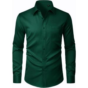 imageJVER Mens Dress Shirts Stretch Stain Shield Button Down Shirt Solid Formal Business Casual Long Sleeve Shirt with PocketGreen