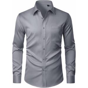 imageJVER Mens Dress Shirts Stretch Stain Shield Button Down Shirt Solid Formal Business Casual Long Sleeve Shirt with PocketGrey