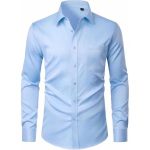imageJVER Mens Dress Shirts Stretch Stain Shield Button Down Shirt Solid Formal Business Casual Long Sleeve Shirt with PocketLight Blue