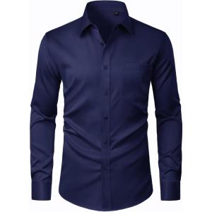 imageJVER Mens Dress Shirts Stretch Stain Shield Button Down Shirt Solid Formal Business Casual Long Sleeve Shirt with PocketNavy Blue