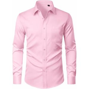 imageJVER Mens Dress Shirts Stretch Stain Shield Button Down Shirt Solid Formal Business Casual Long Sleeve Shirt with PocketPink