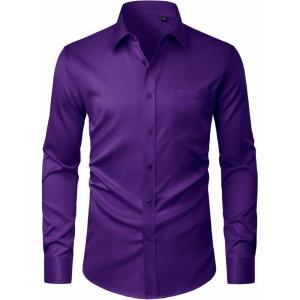 imageJVER Mens Dress Shirts Stretch Stain Shield Button Down Shirt Solid Formal Business Casual Long Sleeve Shirt with PocketPurple
