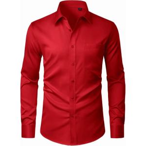 imageJVER Mens Dress Shirts Stretch Stain Shield Button Down Shirt Solid Formal Business Casual Long Sleeve Shirt with PocketRed