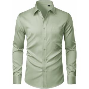 imageJVER Mens Dress Shirts Stretch Stain Shield Button Down Shirt Solid Formal Business Casual Long Sleeve Shirt with PocketSage Green