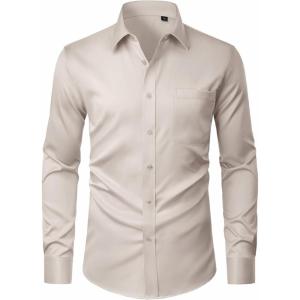 imageJVER Mens Dress Shirts Stretch Stain Shield Button Down Shirt Solid Formal Business Casual Long Sleeve Shirt with PocketTan