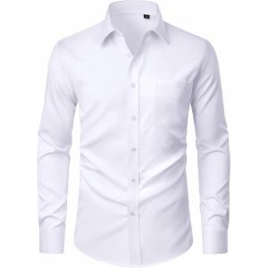 imageJVER Mens Dress Shirts Stretch Stain Shield Button Down Shirt Solid Formal Business Casual Long Sleeve Shirt with PocketWhite