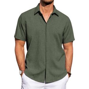 imageJVER Mens Linen Shirts Casual Short Sleeve Button Down Shirt Beach Vacation Cruise Summer Wedding Cotton TopsArmy Green
