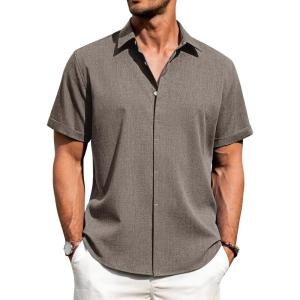 imageJVER Mens Linen Shirts Casual Short Sleeve Button Down Shirt Beach Vacation Cruise Summer Wedding Cotton TopsBrown