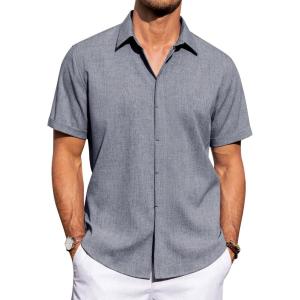 imageJVER Mens Linen Shirts Casual Short Sleeve Button Down Shirt Beach Vacation Cruise Summer Wedding Cotton TopsDenim Blue