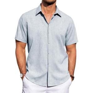 imageJVER Mens Linen Shirts Casual Short Sleeve Button Down Shirt Beach Vacation Cruise Summer Wedding Cotton TopsLight Blue