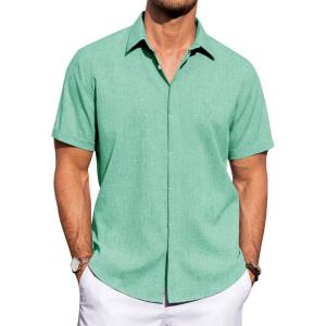imageJVER Mens Linen Shirts Casual Short Sleeve Button Down Shirt Beach Vacation Cruise Summer Wedding Cotton TopsMint Green