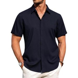 imageJVER Mens Linen Shirts Casual Short Sleeve Button Down Shirt Beach Vacation Cruise Summer Wedding Cotton TopsNavy