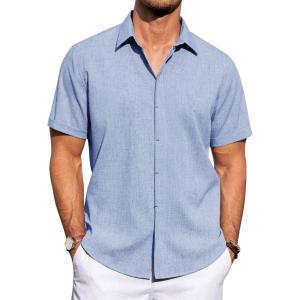 imageJVER Mens Linen Shirts Casual Short Sleeve Button Down Shirt Beach Vacation Cruise Summer Wedding Cotton TopsSky Blue