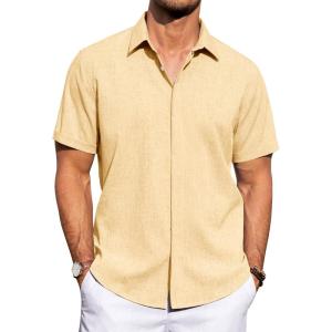 imageJVER Mens Linen Shirts Casual Short Sleeve Button Down Shirt Beach Vacation Cruise Summer Wedding Cotton TopsYellow