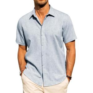 imageJVER Mens Linen Shirts Casual Short Sleeve Button Down Shirt Beach Vacation Cruise Summer Wedding Cotton TopsZ Light Blue