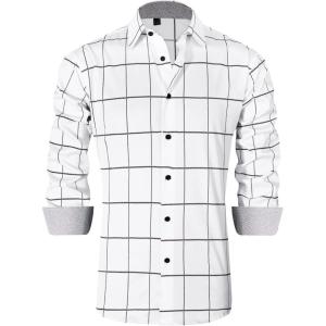 imageJVER Mens Plaid Casual Long Sleeve Stretch Dress Shirt WrinkleFree Regular Fit Button Down Shirts