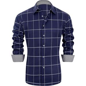 imageJVER Mens Plaid Printed Casual Button Down Shirts WrinkleFree Long Sleeve Dress Shirt Blue Large