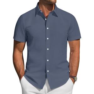 imageJVER Mens Short Sleeve Button Down Shirt Stretch Business Casual Dress Shirts Solid Summer Wedding Prom TopsGrey Blue