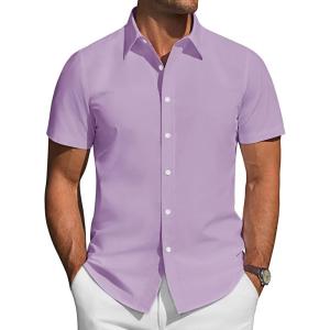 imageJVER Mens Short Sleeve Button Down Shirt Stretch Business Casual Dress Shirts Solid Summer Wedding Prom TopsLavender Purple