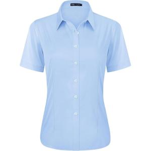 imageJVER Womens Button Down Shirts Stretch Wrinkle Free Formal Short Sleeve Dress Shirt Summer Work Blouses Business Casual TopsBlue