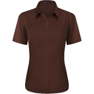 imageJVER Womens Button Down Shirts Stretch Wrinkle Free Formal Short Sleeve Dress Shirt Summer Work Blouses Business Casual TopsCoffee Brown